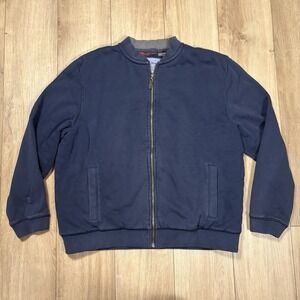 LL Bean Jacket Classic Navy Flannel Lined Full Zip Bomber Sweatshirt Mens Large